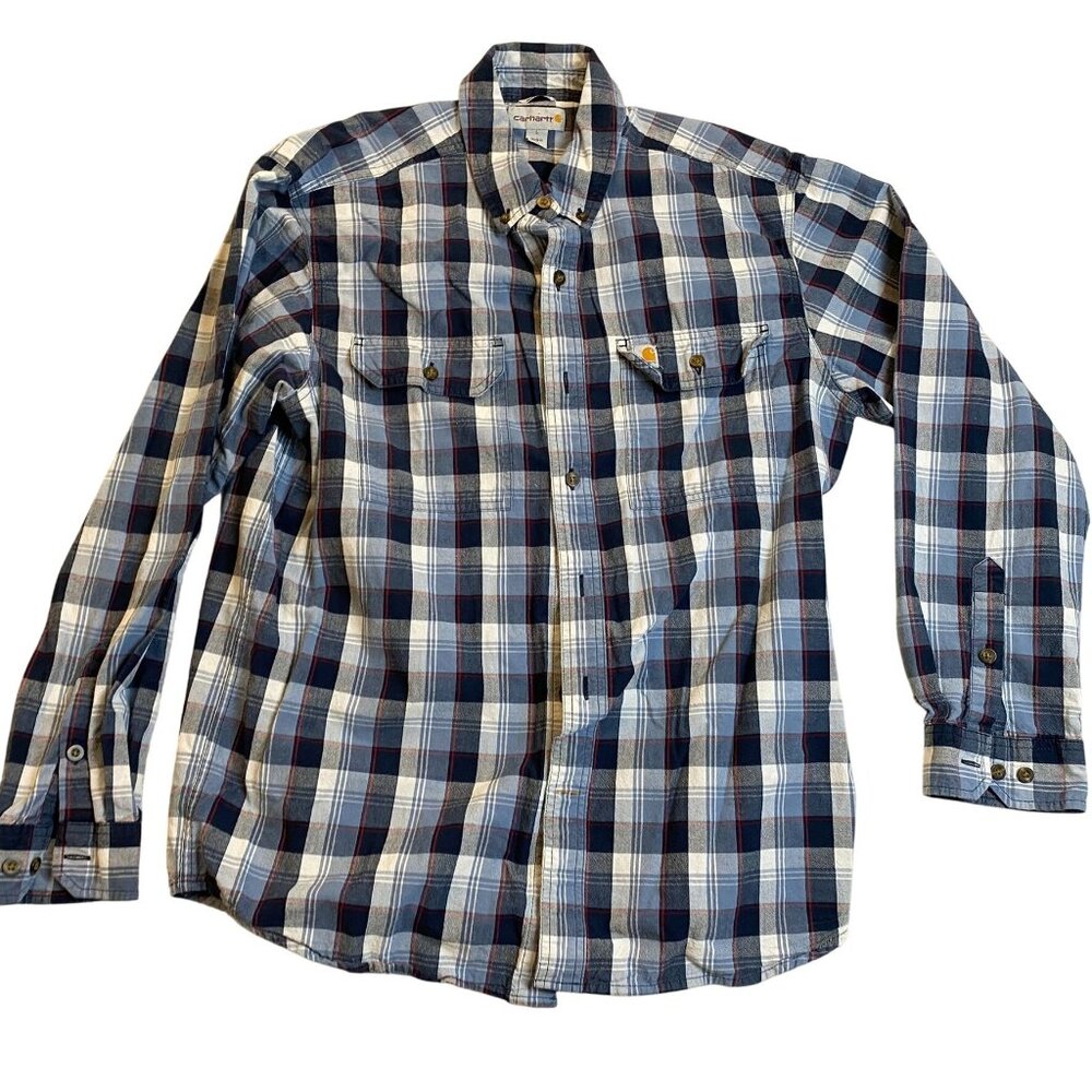 Carhartt Mens Shirt Large Relaxed Fit Long Sleeve Plaid Blue Brown 100% Cotton